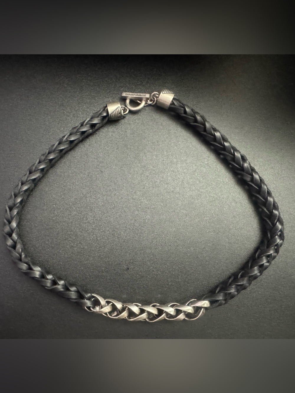 Armani Exchange Black Braided Leather Necklace with Silver Accent